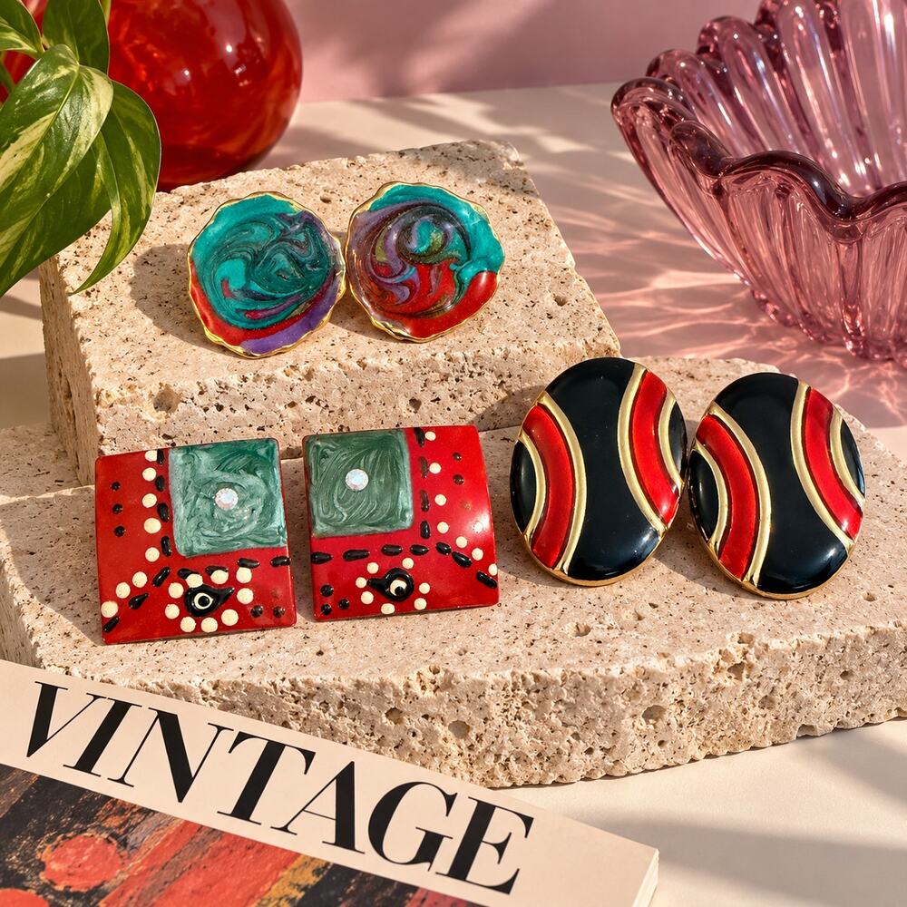 Vintage Statement Earrings Lot 3 Pairs Colorful Abstract Costume Jewelry